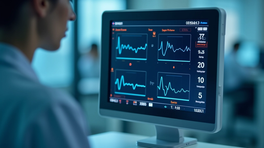 Close-up of a diagnostic device screen displaying patient vital signs and screening results