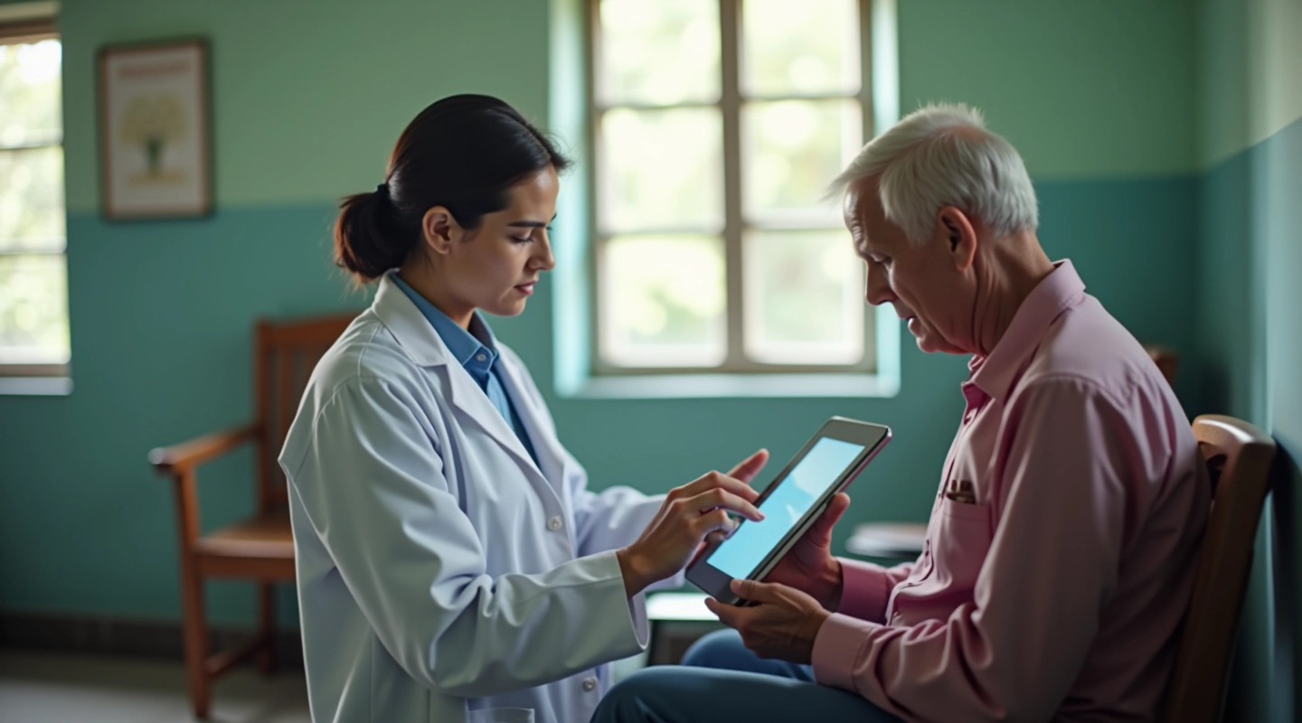 Healthcare worker examining patient using digital diagnostic equipment in a rural clinic setting